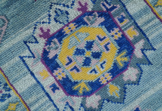 Traditional Geometrical Design 2.6x10 ft Hand Knotted Blue And Purple Wool Area Rug