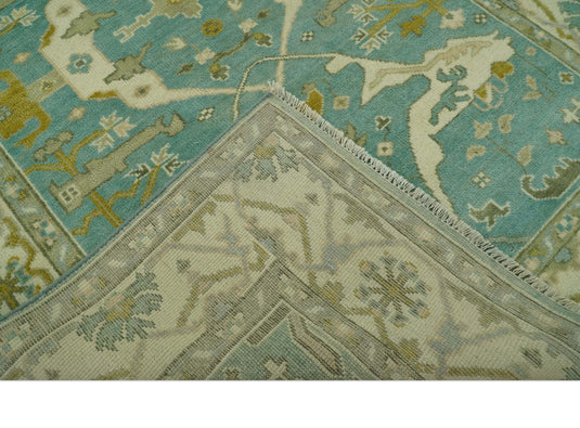 Custom Made Hand Knotted Oriental Oushak Aqua, Olive And Ivory Wool Area Rug