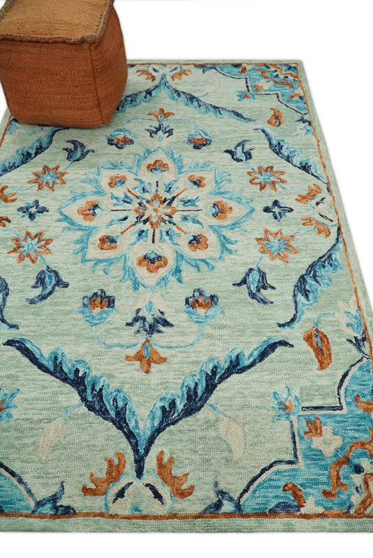 Custom Made Traditional Beige And Blue Hand Tufted Wool Area Rug