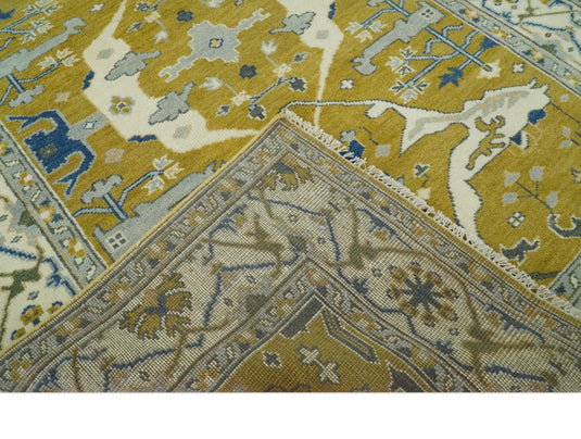 Custom Made Hand Knotted Turkish Oushak Mustard, Blue, Ivory And Gray Wool Area Rug