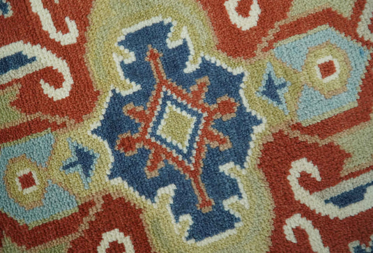 Custom Made Traditional Medallion Pattern Red, Blue, Ivory and Olive Hand Knotted wool Area Rug