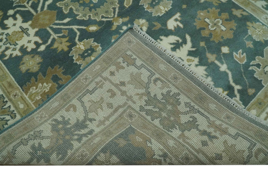 Custom Made Hand Knotted Classic Floral Motifs Oushak Rug Deep Green, Ivory And Olive Wool Area Rug