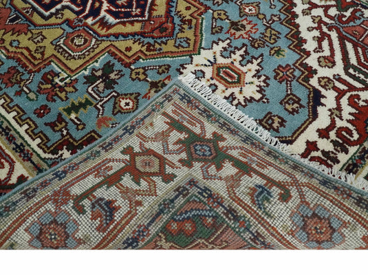 Hand Knotted Heriz Serapi Rug Aqua blue, Ivory and Rust Ideal for Living, Bedroom, and Dining Rooms Multi Size Wool Rug | CP1880