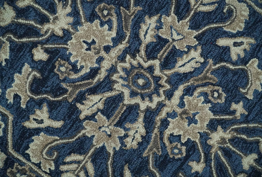 Custom Made Hand Tufted Navy Blue and Beige Traditional Medallion Wool Area Rug