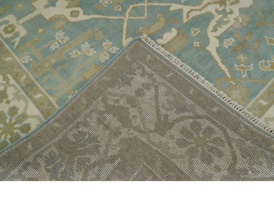 Custom Made Hand Knotted Oriental Oushak Beige, Ivory And Teal Wool Area Rug