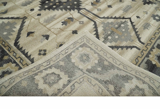 Traditional Tribal Pattern Charcoal, Gray, Beige and Ivory Hand Knotted 8x10 ft wool Area Rug