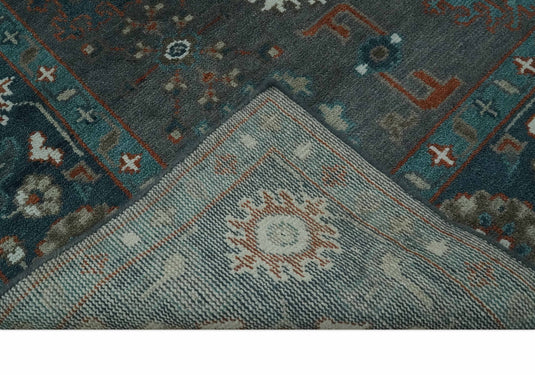 Custom Made Oriental Oushak Pattern Charcoal, Teal, Brown and Ivory Hand Knotted Wool Area Rug