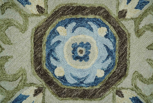 Custom Made Traditional Floral Beige, Blue, Green And Rust Hand Tufted Wool Area Rug