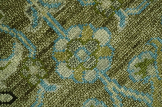 Custom Made Hand Knotted Green, Grey And Blue Traditional Floral Wool Area Rug