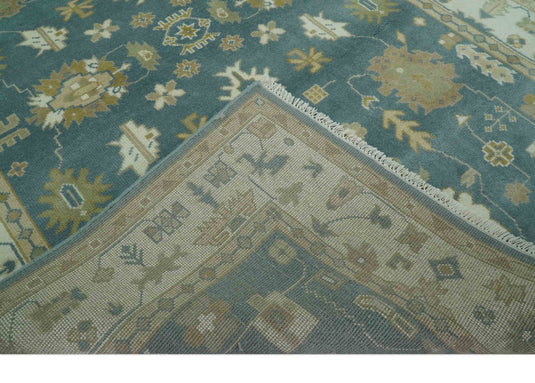 Custom Made Hand Knotted Teal, Beige And Olive Classic Oriental Oushak Rug Wool Area Rug