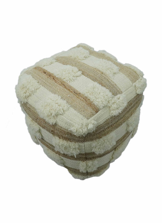 Modern Beige And White Jute And Wool Footstool, Seat, Foot Rest Living Room, Bedroom