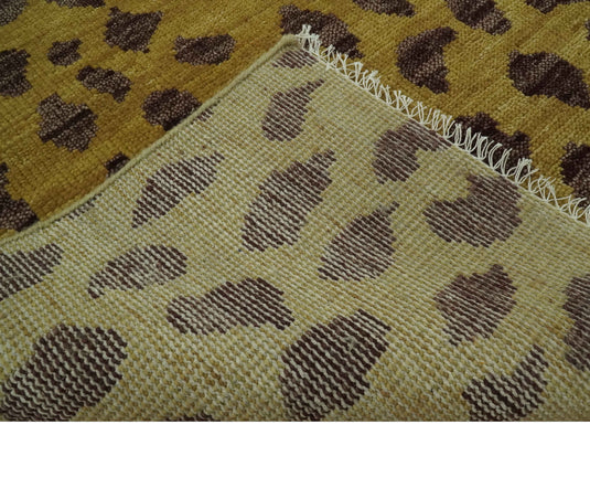 Custom Made Hand Knotted Leopard Design Mustard And Brown Wool Area Rug