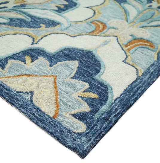 Custom Made Floral Design Gray, Blue, Ivory, Olive And Rust Hand Tufted Wool Area Rug