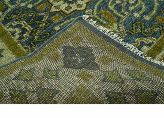Custom Made Traditional Motifs Blue And Olive Hand Knotted Wool Area Rug