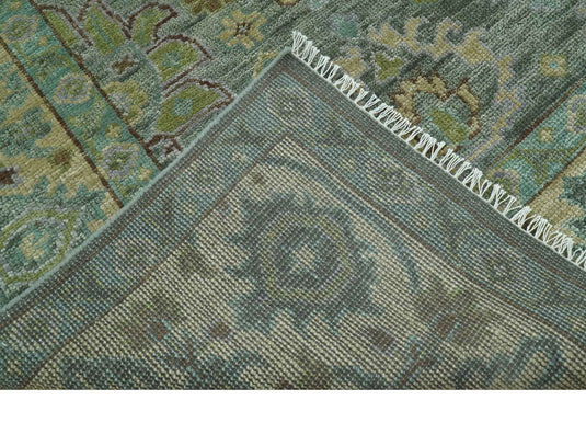 Custom Made Hand Knotted Green And Blue Floral Wool Area Rug