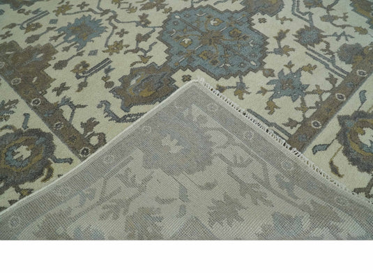 Traditional 8x10 Ivory and Brown Hand Knotted Oushak Wool Area Rug