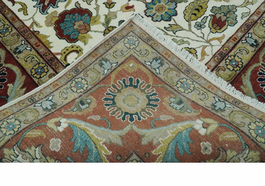 Antique Ivory, Brown, Olive And Blue Traditional Floral Hand Knotted Wool Rug 9x12 ft Ideal for Living, Bedroom And Dining Rooms | CP1788912