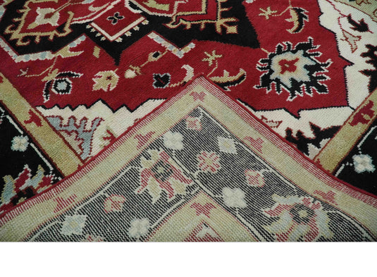 Traditional Pattern Red, Black, Ivory And Beige Hand Knotted 7.8x10 ft wool Area Rug