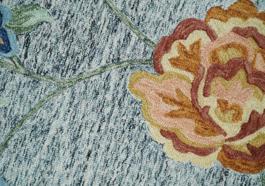 Custom Made Floral Gray, Blue, Peach, Gold  And Green Hand Tufted Wool Area Rug