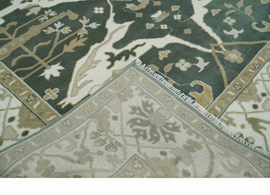 Hand Knotted Oriental Oushak Rug Green, Ivory and Beige Multi Size Ideal for Living, Bedroom, and Dining Room