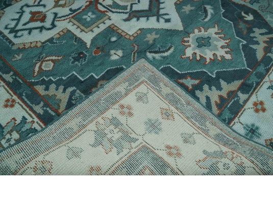 Custom Made Traditional Pattern Blue, Teal And Rust Hand Knotted Wool Area Rug