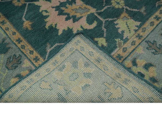 Custom Made Traditional Floral Teal, Light Peach And Gray Hand Knotted Wool Area Rug