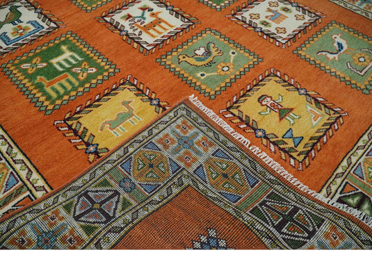 Antique look Hand knotted Rust, Ivory, Green and Beige Tribal Gabbeh 8x10 wool Area Rug