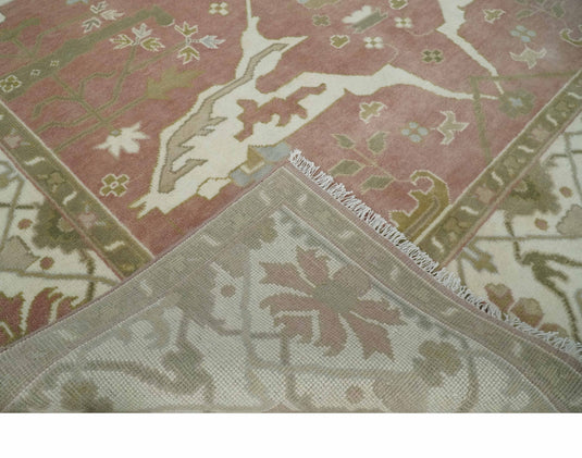 Vintage look Hand knotted Peach, Ivory and Olive 8x10 and 9x12 Oriental Oushak wool Area Rug