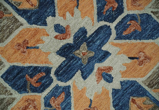 Custom Made Medallion Floral Blue, Silver, Ivory And Dark Peach Hand Tufted Wool Area Rug