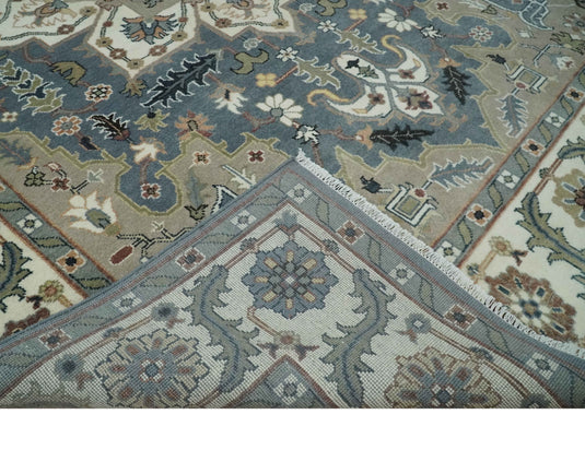 Vintage look Ivory, Charcoal and Olive Hand knotted Traditional 9x12 Heriz Serapi wool Area Rug