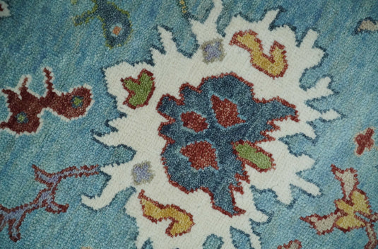 Vibrant Colorful Light Blue and Ivory Traditional Floral Hand knotted 9x12 Oushak wool Rug