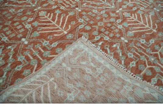 Turkish Floral Rust and Aqua Hand knotted Multi Size wool Area Rug