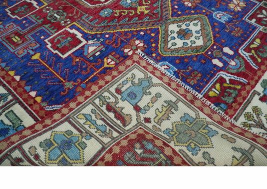 Hand knotted Maroon, Electric Blue and Ivory Multi Size Traditional Heriz Serapi wool area rug | CP1318