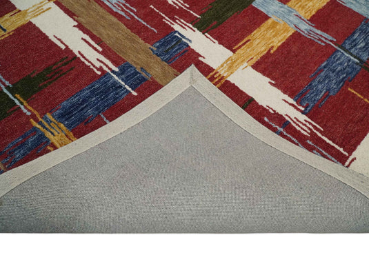 Custom Made Abstract Pattern Maroon, Ivory, Brown And Blue Hand Tufted  Wool Area Rug