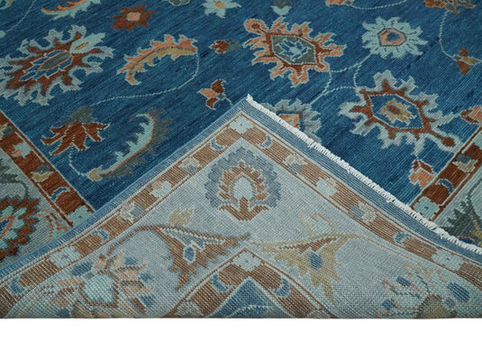 Custom Made Traditional Floral Oushak Hand Knotted Blue, Gray, Silver, Maroon And Peach Wool Area Rug