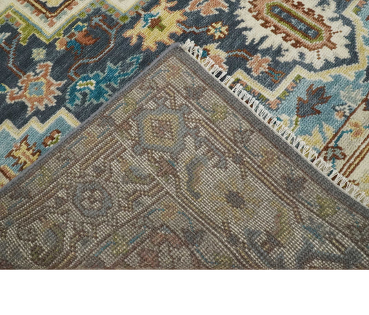 Hand Knotted Medallion Heriz Serapi Rug Ivory, grey and blue Multi Size Ideal for Living, Bedroom, and Dining Rooms | CP751