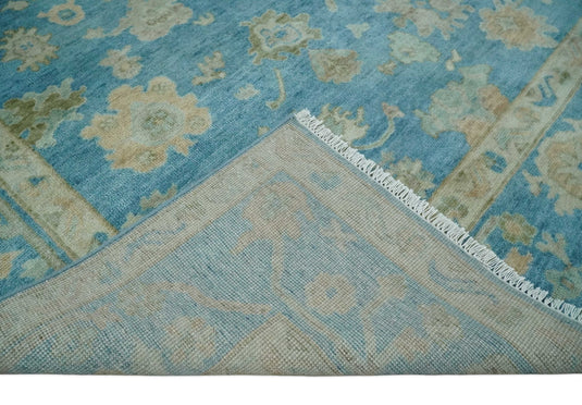 Hand Knotted Oriental Oushak Rug Blue and Beige Multi Size Ideal for Living, Bedroom, and Dining Rooms