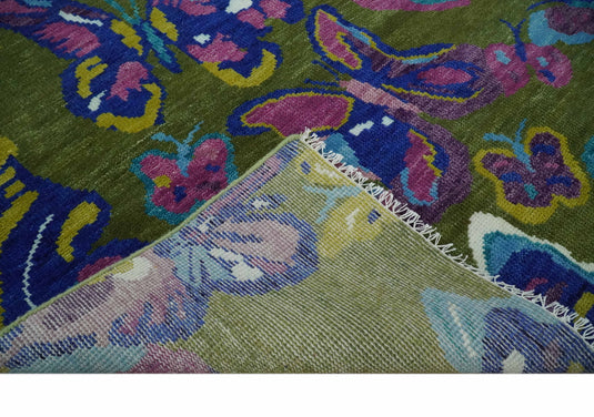 Traditional Vibrant Colorful Hand Knotted Butterfly Life Moss Green and Purple Multi Size Ideal for Living, Bedroom, and Dining Room