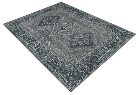 Custom Made Traditional Antique Pattern Gray And Charcoal Hand Knotted Wool Area Rug