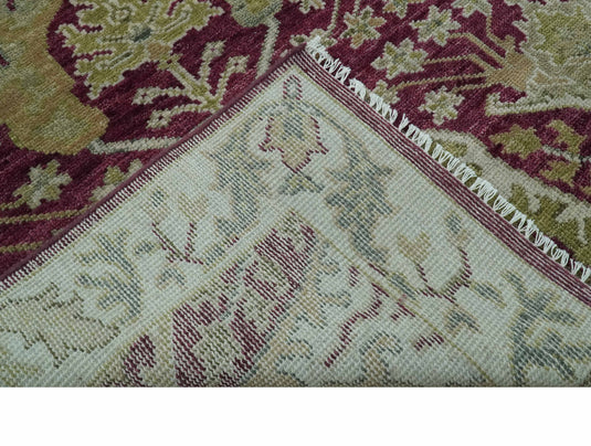 Custom Made Hand Knotted Antique Deep Maroon, Olive And Ivory Wool Area Rug