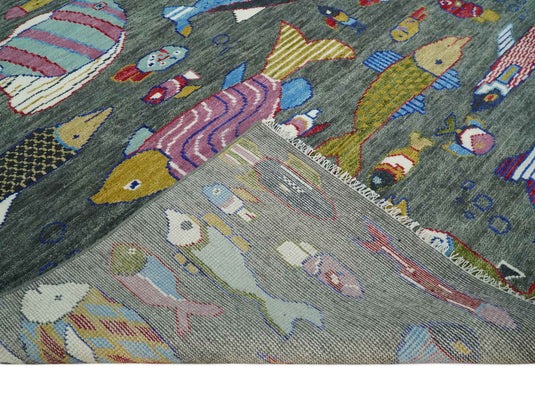 Modern Fish Life Multi Size Hand knotted Gray Wool Area Rug | CP1333