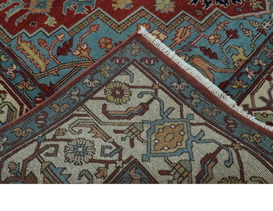 Hand Knotted Aqua, Ivory And Rust Traditional Wool Rug 9x12 ft Ideal for Living, Bedroom And Dining Rooms | CP2472912