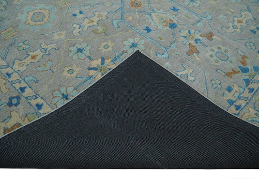 Custom Made Traditional Floral Gray, Blue, Aqua, Beige And Ivory Hand Knotted Wool Area Rug