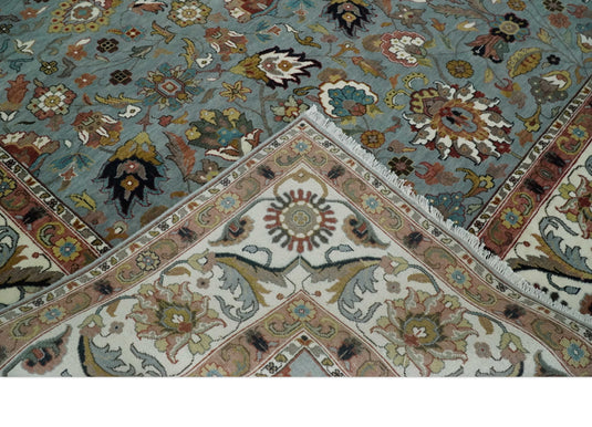 Traditional Turkish Light Blue, Ivory and Peach Floral 9x12 Hand knotted wool Area Rug