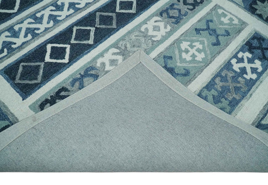 Custom Made Blue, Teal, Ivory And Charcoal Tribal Pattern Hand Tufted Wool Area Rug