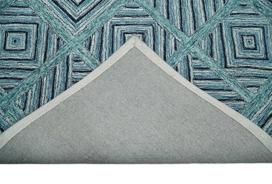 Custom Made Modern Geometric Teal, Charcoal And Ivory Hand Tufted Wool Area Rug