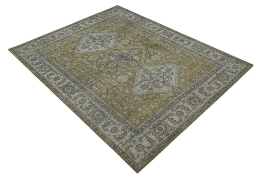 Traditional Antique Pattern Gold, Gray And Ivory Hand Knotted 8x10 ft Bedroom, Living Room Rug Wool Area Rug