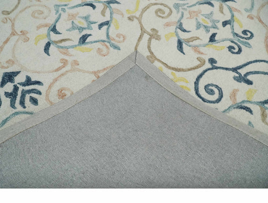 Custom Made Floral Pattern Ivory, Blue, Yellow And Brown Hand Tufted  Wool Area Rug