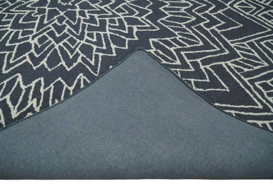 Custom Made Geometrical Radial lines Charcoal And Ivory Hand Tufted  Wool Area Rug