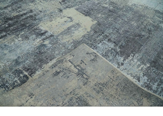 Abstract Grunge Pattern Ivory, Beige And Charcoal Hand Knotted 8x10 ft Bedroom, Living Room Rug Wool And Bamboo Silk Area Rug